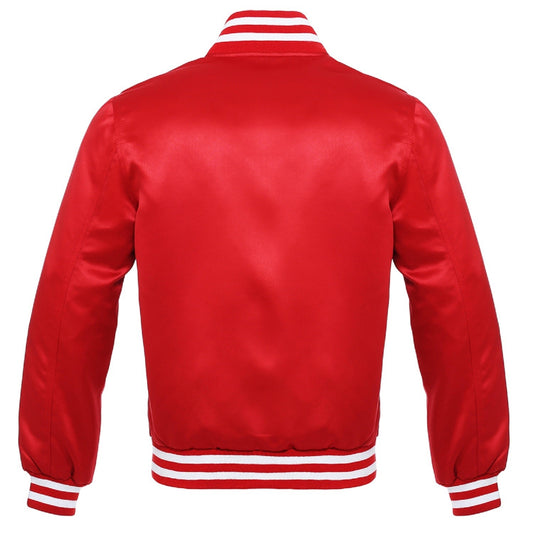 DJM0020 Men’s Red & White Satin Varsity Jacket – Retro Letterman Style Streetwear Outerwear