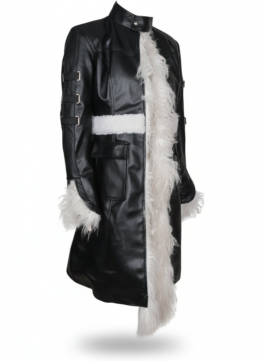 FCF0002 Women’s Luxury Fur-Trim Real Leather Winter Coat | High-Fashion Celebrity-Inspired Long Leather Overcoat | Premium Warm Outerwear for Cold Weather