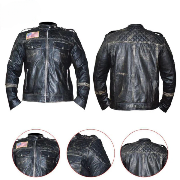 FJLM002 Men’s US Flag Vintage Black Distressed Moto Retro Biker Leather Jacket