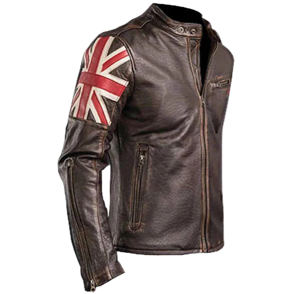 FJLM003 Men’s UK Flag Vintage Brown Café Racer Real Leather Biker Jacket – Edition