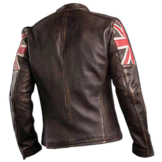 FJLM003 Men’s UK Flag Vintage Brown Café Racer Real Leather Biker Jacket – Edition