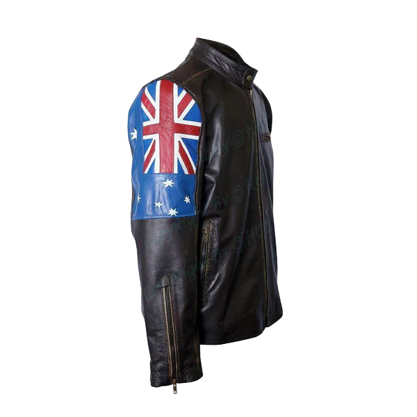 FJLM006 Men’s Australian Flag Vintage Brown Genuine Cowhide Leather Café Racer Biker Jacket – 2020 Edition