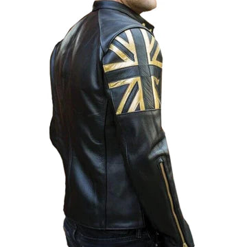 FJLM008 Men's UK Flag Real Leather Biker Jacket Black-Café Racer Jacket