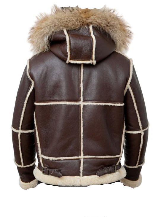 FJM0017 B3 Aviator Bomber Hooded Shearling Jacket (Men) | Genuine Sheepskin, Fur-Collared, Winter Ready Coat