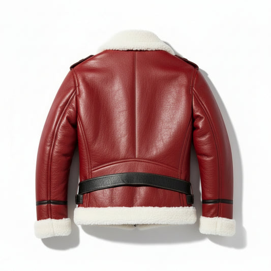 FJM0012 Men’s Red Aviator Bomber Jacket with Plush Fur Collar & Inner Lining – Winter Warm Stylish Outerwear