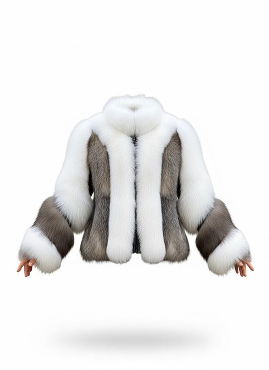FJF0005 Women's Fox Fur Jacket, Slim fit Short White-Silver Fox Fur Jacket, Warm Cozy Outerwear for Parties & Everyday Fashion