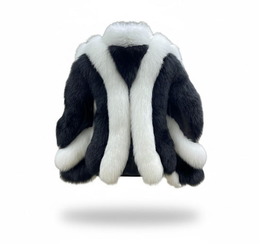 FJF0006 Women’s Luxury Black & White Fox Fur-Style Winter Jacket – Premium Short-Length Fashion Jacket