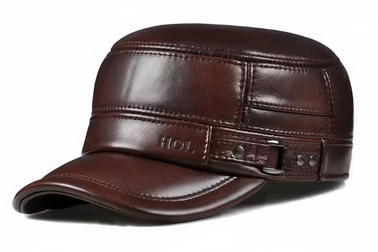 LC0002 Men’s Winter Ear-Flap Hat – Dark Brown & Black Insulated Leather-Look Cold Weather Cap