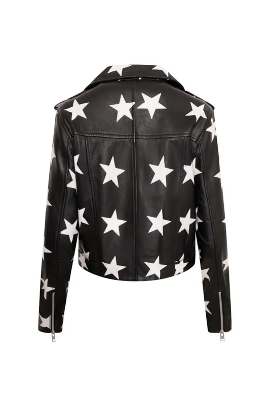 LJF0021 Women’s Plus Size Star Print Leather Biker Jacket | Premium Real Leather Motorcycle Jacket