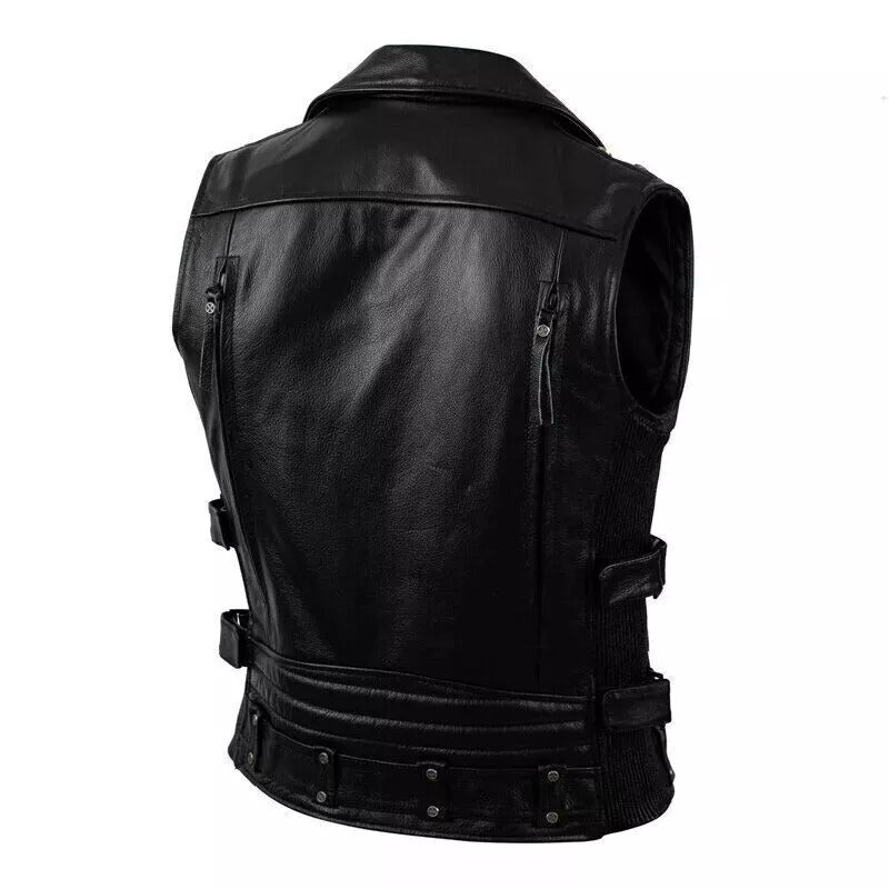 LJM002 Men’s Sleeveless Biker Leather Vest – Premium Black Motorcycle Style Jacket