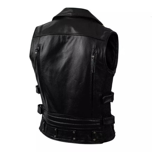 LJM002 Men’s Sleeveless Biker Leather Vest – Premium Black Motorcycle Style Jacket