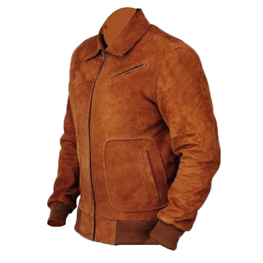 LJM0065 Men’s Brown Classic Suede Leather Jacket – Ribbed Vintage Coat, Premium Slim Fit & Everyday Style