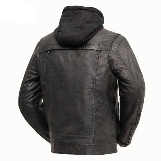 LJM0066 Men’s Black Hooded Motorcycle Jacket – Genuine Leather Biker Jacket, Classic Hooded Rider Style & Urban Streetwear