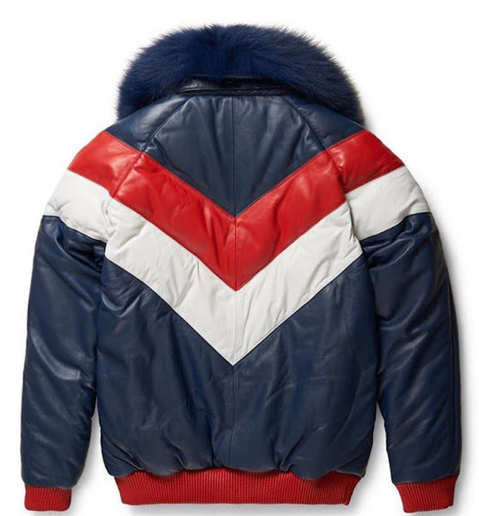 LJM0073 Men’s Premium V-Bomber Leather Jacket – Luxury Fur-Collar Winter Bomber with Rib Knit Detailing