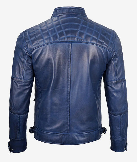 LJM0082 Men’s Blue Café Racer Leather Biker Jacket – 100% Real Leather, Edgy Diamond-Shoulder Design