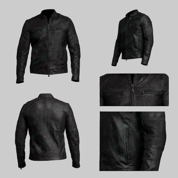 LJM009 Men’s Black Cafe Racer Genuine Leather Jacket – Classic Motorcycle Biker Slim Fit Outerwear