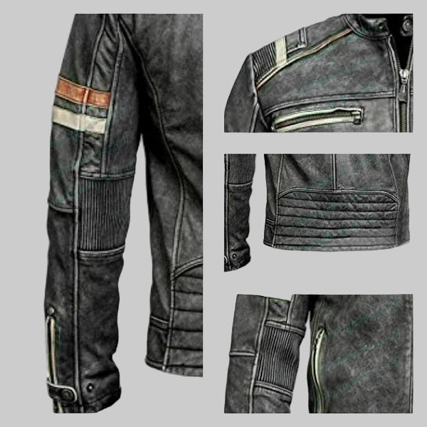 LJM016 Men’s Retro 2 Vintage Black Café Racer Distressed Motorcycle Real Leather Jacket