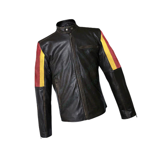 FJLM004 Men’s German Flag Brown Real Cowhide Leather Biker Jacket – Patriotic Sleeve Design