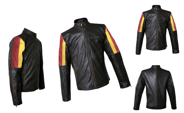 FJLM004 Men’s German Flag Brown Real Cowhide Leather Biker Jacket – Patriotic Sleeve Design