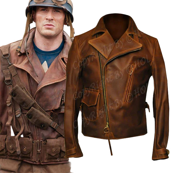 LJM028 Men’s Captain America “The First Avengers” Distressed Brown Real Leather Biker Jacket