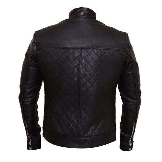 LJM034 Men’s Quilted Black Café Racer Real Leather Biker Jacket–Premium Motorcycle Style