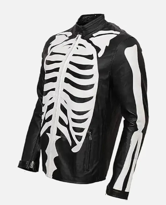 LJM0035 Men’s Spooky Skeleton Bones Cosplay Black Real Leather Jacket – Special Edition Coat