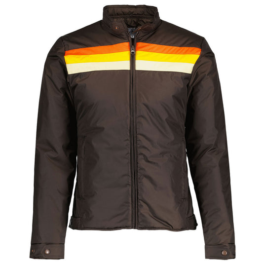 DJM0009 Men’s Retro Racer Jacket – Chocolate Brown with Mustard & Ecru Stripes | Vintage Slim-Fit Style Coat
