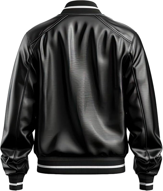 LJM0049 Men’s Black Premium Leather Varsity Jacket – Sleek Zip-Up, Rib-Knit Trim & Modern Baseball Collar