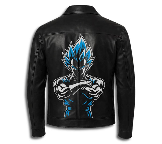 LJM0058 Men’s Black Leather Anime Warrior Jacket – Blue Flame Front Design & Bold Back Graphic Streetwear