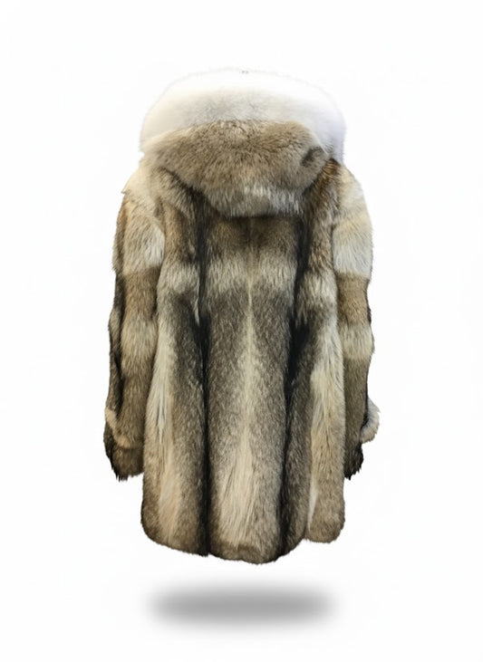 FCM0016 Men's Luxury Dual-Tone Arctic White & Natural Beige Fox Fur – Premium Winter Hooded Coat