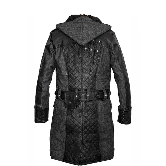 C010 Men's Wool & Sheep Leather Trench Coat with Quilted Hooded Jacket