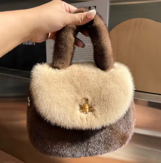 WB006 Women’s Luxury Fur Mini Handbag – Soft Plush Crossbody Purse (Brown / Beige / Black)
