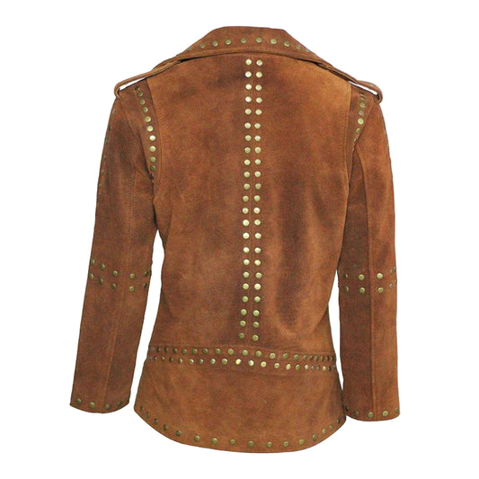 LJF0003 Women’s Brown Studded Brando Suede Leather Jacket with Silver Accents and golden Accents Coat