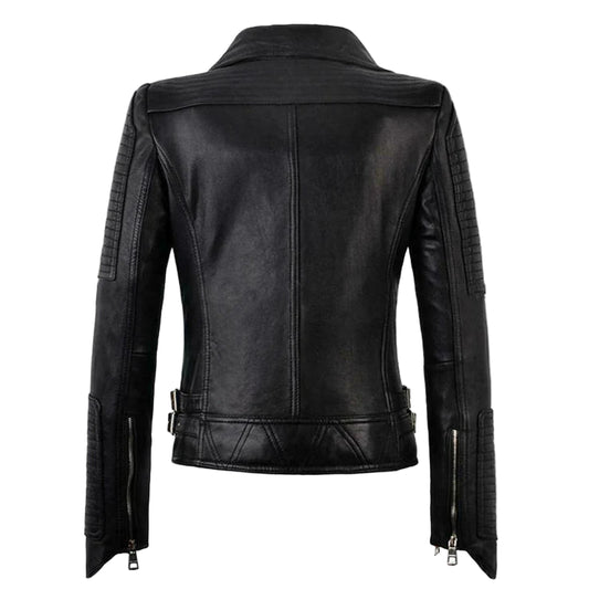 LJF0012 Women’s Black Motorcycle Bomber Real Leather Jacket – Biker Slim Fit, Cross-Zip & Stylish Finish