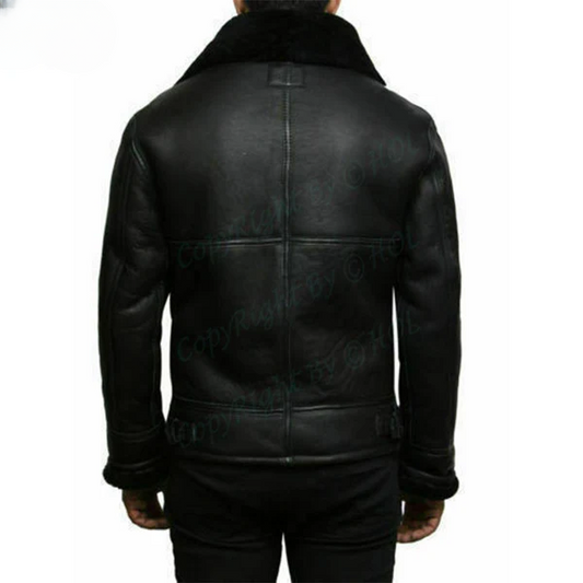 FJM001 B3 RAF Flying Aviator Real Fur Bomber Black Winter Genuine Leather Jacket
