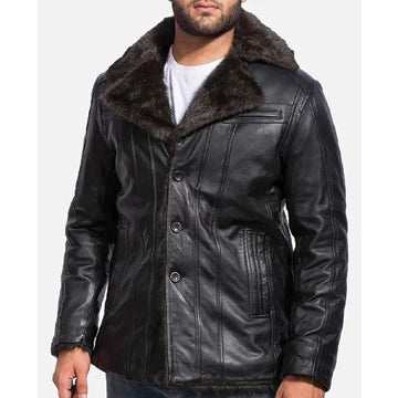 MFC07 Black Aviator Fox-Fur Collar Real Leather Coat – Premium Shearling Lined Winter Jacket