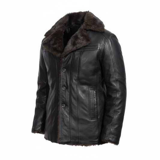 FCM0007 Black Aviator Faux-Fur Collar Real Leather Coat – Premium Shearling Lined Winter Jacket