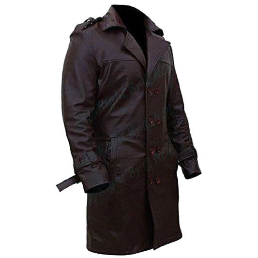 C002 Bay Watchmen Rorschach Fashion Brown Leather Trench Coat for Men – Genuine Leather Long Jacket