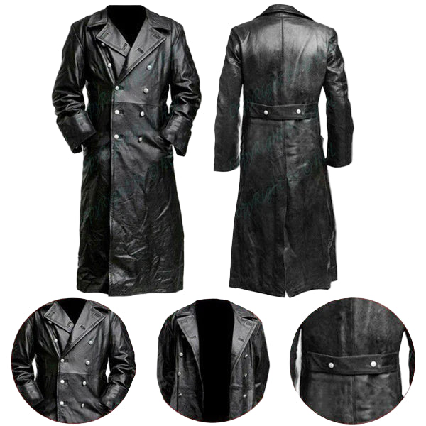 C004 Black German Army Classic Leather Trench Coat – Genuine Cowhide Long Military Style