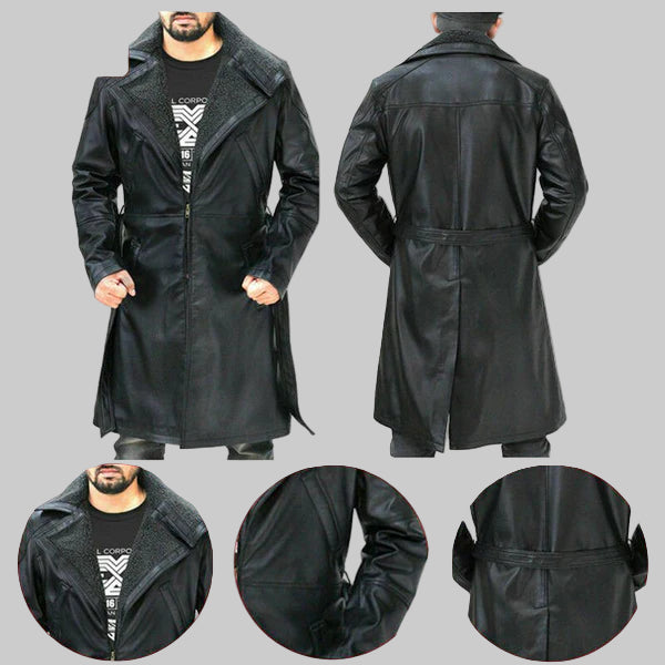 C005 Men’s Blade Runner 2049 “Ryan Gosling” Genuine Fur Leather Coat – Long Black Trench