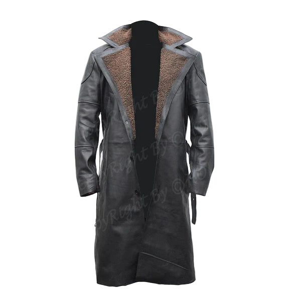 C006 Men’s German WW2 Brown Belted Fur Lapel Leather Trench Coat – Genuine Cowhide Long Winter Coat