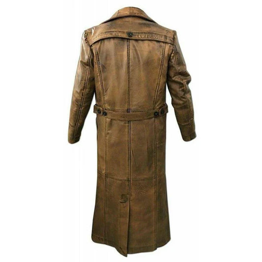 C008 Men’s Vintage Distressed Brown Genuine Leather Trench Coat – Long Jacket