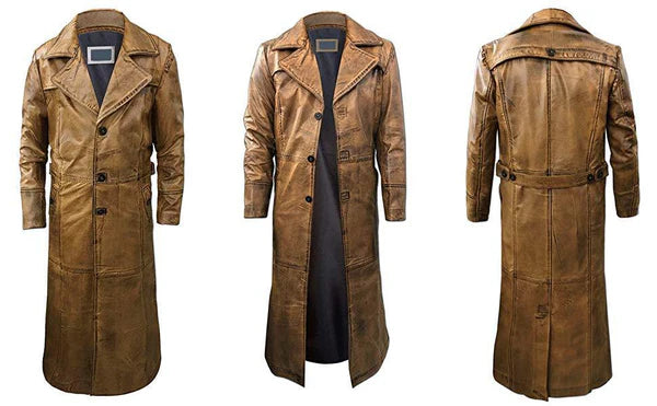 C008 Men’s Vintage Distressed Brown Genuine Leather Trench Coat – Long Jacket