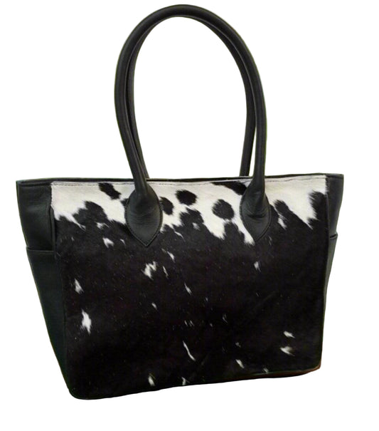 WB002 Black Hair-On Leather Tote Bag for Women – Handmade Large Capacity Shoulder Bag for Everyday, Work & Travel