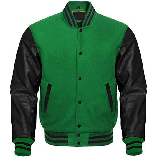 DJM0026 Men’s Green Varsity Letterman Jacket – Wool Body with Faux Leather Sleeves, Classic Baseball Style