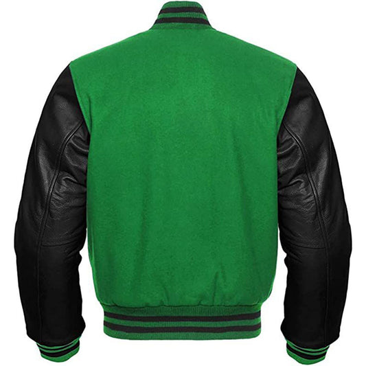 DJM0026 Men’s Green Varsity Letterman Jacket – Wool Body with Faux Leather Sleeves, Classic Baseball Style