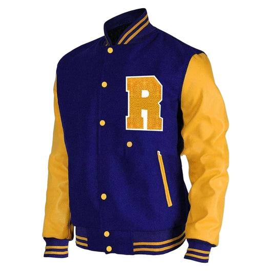 DJM0012 Men’s Blue Varsity Bomber Jacket – R Letterman Style, Retro Classic Wool Edition Coat