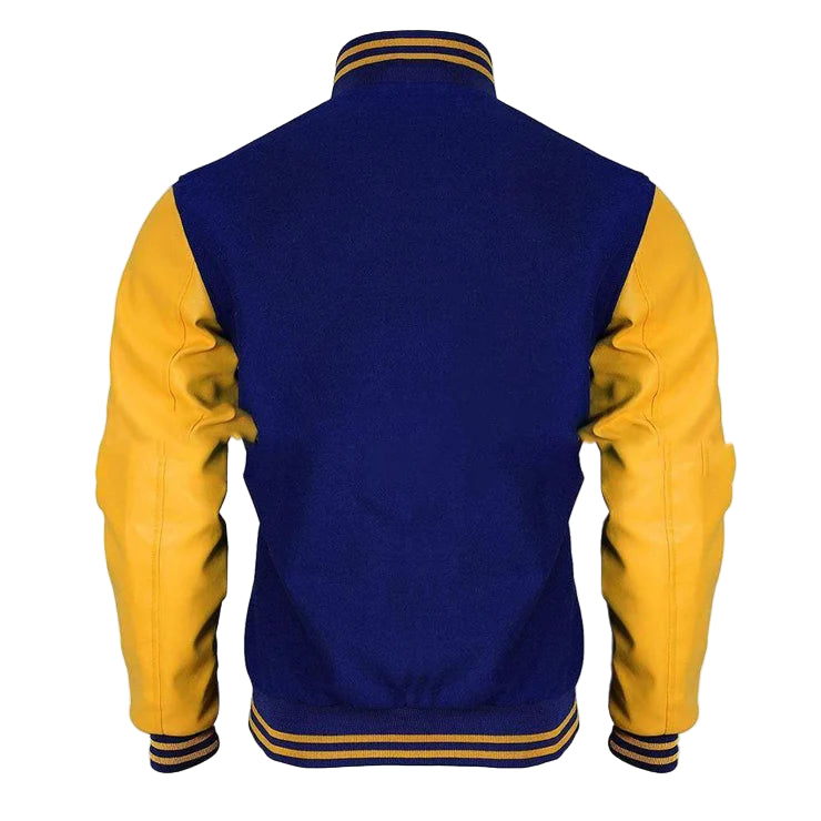 DJM0012 Men’s Blue Varsity Bomber Jacket – R Letterman Style, Retro Classic Wool Edition Coat