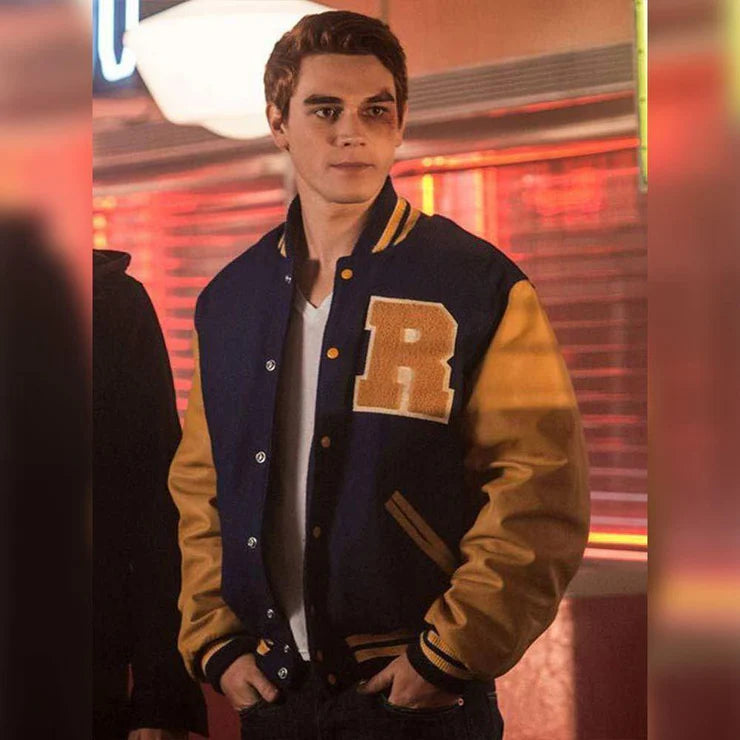 DJM0012 Men’s Blue Varsity Bomber Jacket – R Letterman Style, Retro Classic Wool Edition Coat