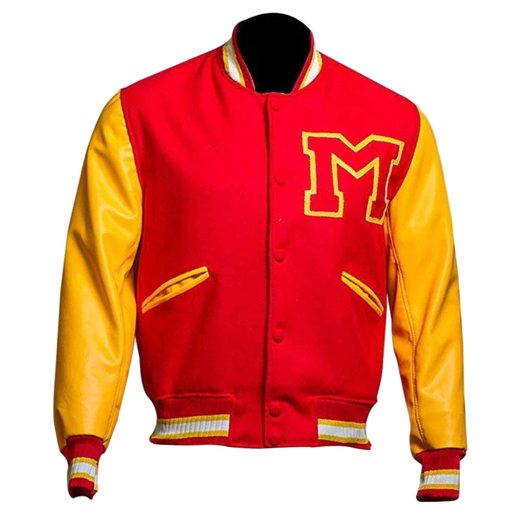 DJM0013 Men’s Thriller Red Varsity Jacket – “M” Logo Edition, Retro Biker Style Christmas Wear Coat